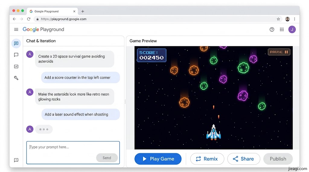 Google Playground 完整使用教程：零代码 AI 生成游戏、修改玩法与分享作品